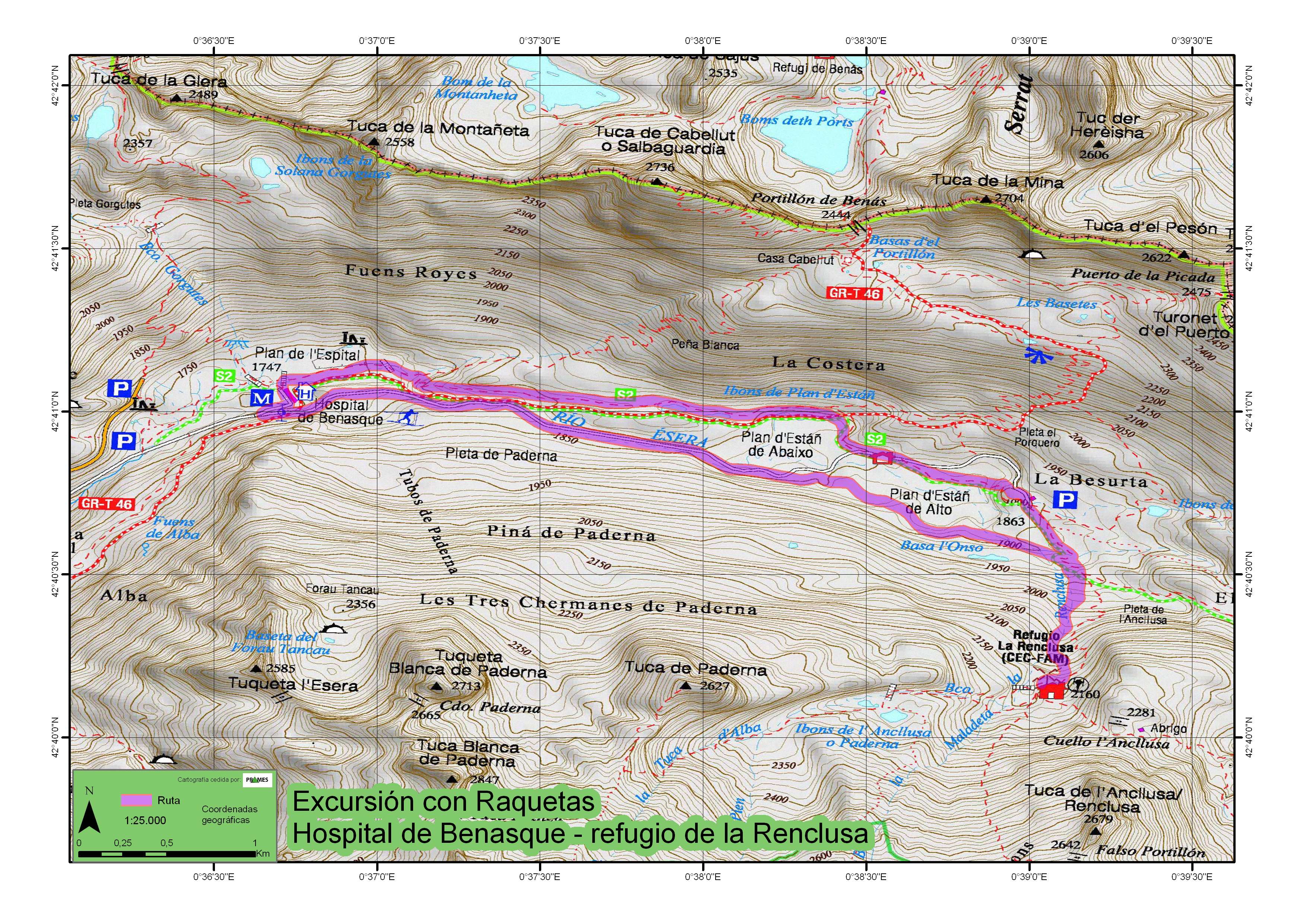 Mapa de la ruta Llanos del Hospital-Renclusa-Besurta-Hospital.