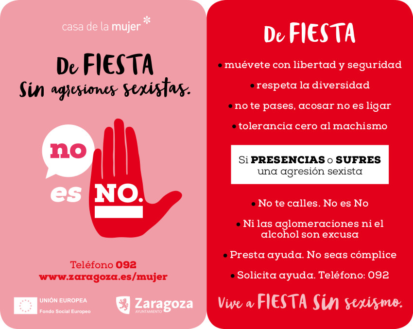 Disfruta de las fiestas  diciendo no al sexismo (díptico de la campaña "NO es NO" del Ayuntamiento de Zaragoza).