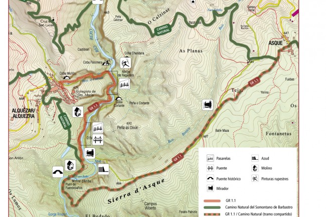 Mapa ruta de las pasarelas de Alquézar y GR 1.1 